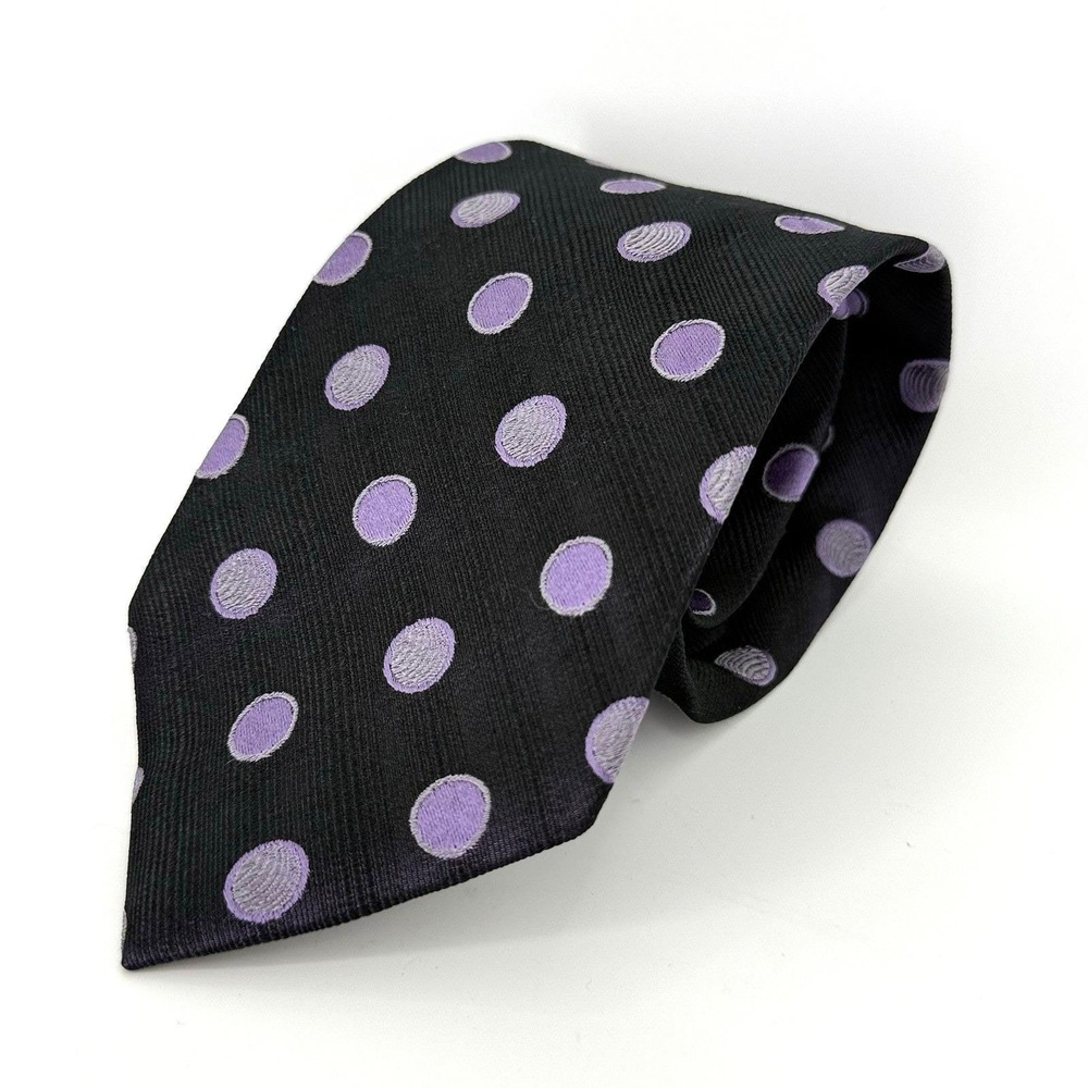 VTG F/X Fusion 100% Silk Tie XL Black Purple Polka‎ Dot Y2K Handmade Neckwear